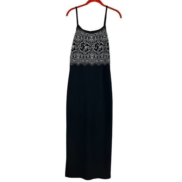 Vtg 90's P.S. Black Spaghetti Stretchy Strap Side Slits Maxi Dress - Picture 1 of 12